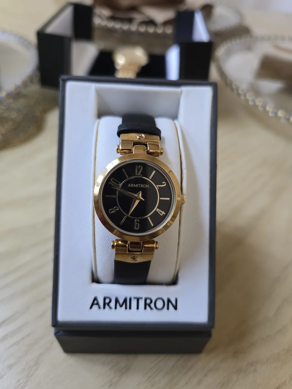 Armitron Gold-Tone Black Dial Leather Strap Watch